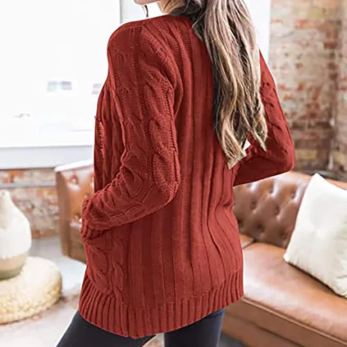 Vista 6 de Cárdigan para mujer suéteres gruesos de talla grande manga larga parte delantera abierta abrigo de punto trenzado con bolsillos ropa exterior
