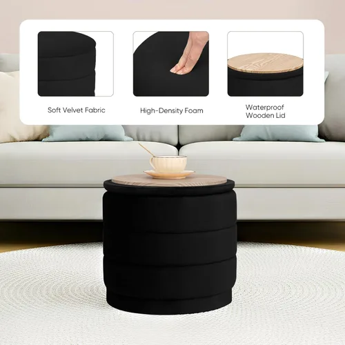 Vista 5 de Otomana redonda de terciopelo de 15.4 pulgadas con tapa reversible, reposapiés otomano circular tapizado con almacenamiento oculto, reposapiés Negro