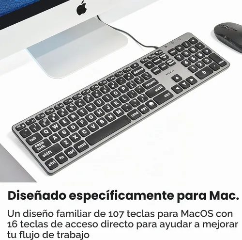 Vista 6 de Teclado con cable Macally para Mac (USB C + A) - Letra grande e retroiluminada para Apple - Teclado USB C de 107 teclas de tamaño completo