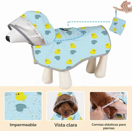 Vista 4 de SlowTon Chubasquero para perros, chaqueta de lluvia ajustable para perros con capucha transparente de doble capa, poncho impermeable con tiras