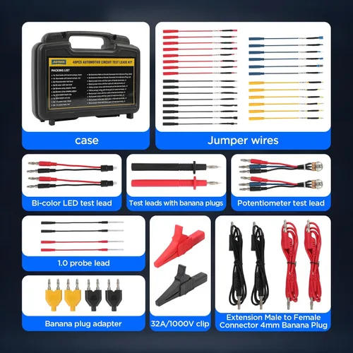 Vista 9 de AUTOOL Kit de 48 cables de prueba para multímetro de silicona con sondas de perforación de alambre reemplazables, clips de cocodrilo, clips