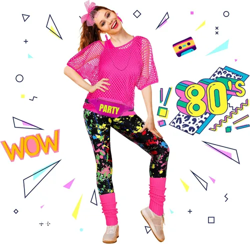 Vista 3 de CICOCI Traje de los años 80 y 90 para mujer, disfraz de los años 80 con accesorios de los años 80, calentador de piernas para fiesta retro