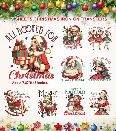 Vista 16 de 9 hojas de transferencia para planchar de Navidad para camisetas, parches para planchar de Navidad, diseño de transferencia de calor, calcomanías