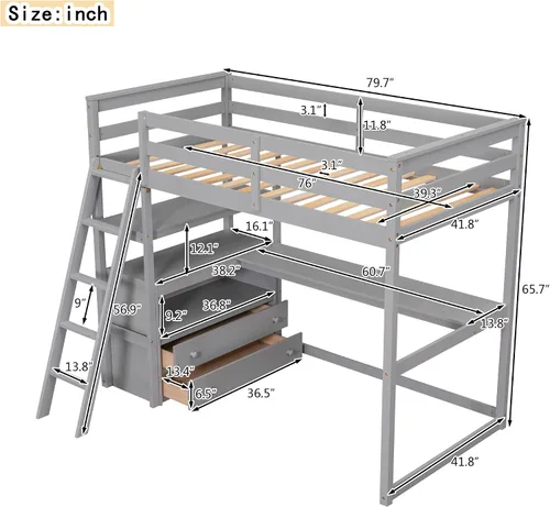 Vista 2 de Polibi Cama tipo loft de madera de tamaño individual con escritorio/2 cajones integrados/2 estantes, cama loft multifuncional con escalera