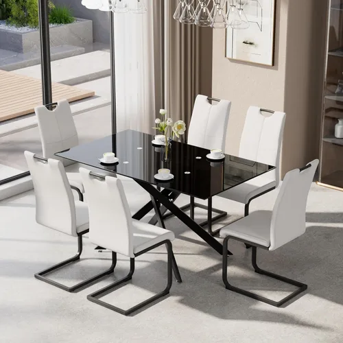 Vista 18 de Juego de mesa de comedor de 5 piezas para 4, mesa rectangular moderna de cristal con 4 sillas tapizadas de cuero, juegos de mesa y sillas de comedor
