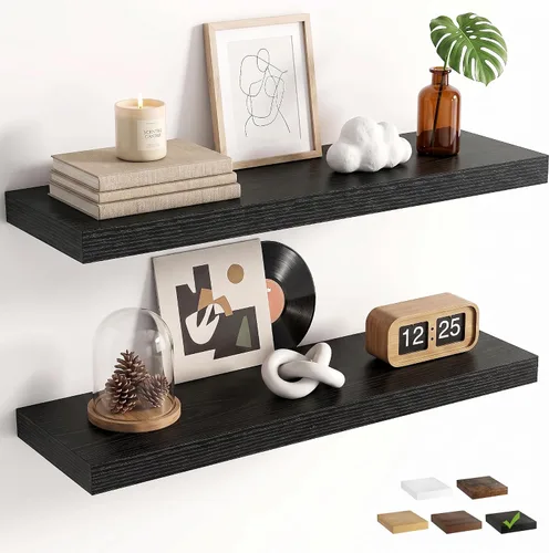 Vista 9 de Marsmiles 9.3 Inch Floating Shelves for Wall 2 Pack, 9.3" D Wood Grain Bathroom Shelves Black Finish