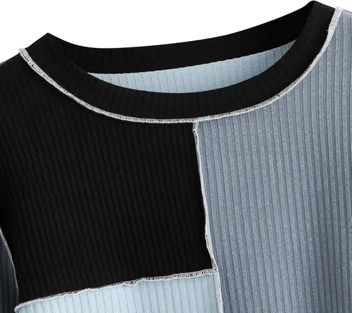 Vista 4 de SheIn Camiseta corta de manga larga con cuello redondo y punto acanalado para mujer
