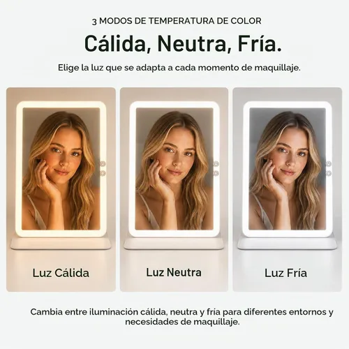 Vista 5 de HUGOAI Espejo de maquillaje de viaje con luces, blanco perla iridiscente, 11.9 pulgadas