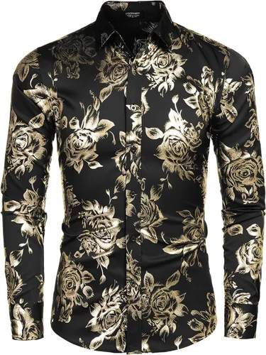 Vista 2 de COOFANDY Camisa de botones con estampado de flores de lujo para hombre