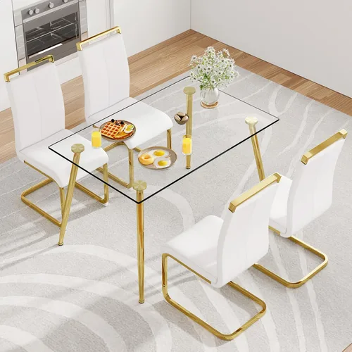 Vista 5 de Ebullient - Mesa de comedor rectangular de vidrio de 51 pulgadas para 4 a 6 años, moderna de mediados de siglo, con mesa de vidrio templado, patas