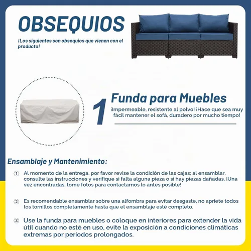 Vista 6 de Valita Muebles de patio de 3 asientos, sofá de mimbre marrón, muebles de exterior, sofá de exterior, asiento profundo, respaldo alto, funda Azul