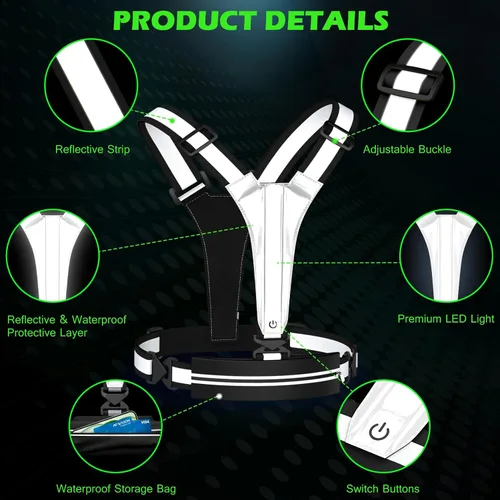 Vista 3 de Ylzzrs Chaleco reflectante LED para correr, chaleco de correr recargable por USB, soporte para teléfono para corredores, caminatas nocturnas, 6-11