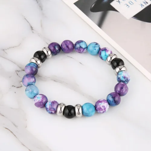 Vista 2 de HZMAN Beaded Bracelets for Men Women 10mm Natural Lava Rock Black Onyx Tiger Eye Stone Hematite Beads Bracelet Relief Anxiety Yoga Bracelet Elastic