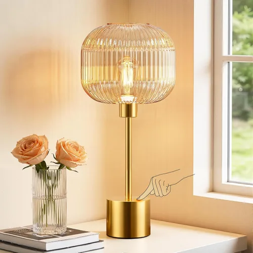 Vista 9 de QiMH - Lámpara de mesa de vidrio para sala de estar, lámpara de mesita moderna con pantalla de vidrio acanalada verde, lámpara de mesita de noche