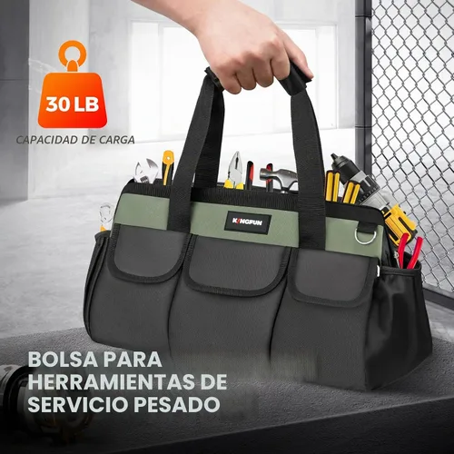Vista 3 de Kingfun Bolsa de herramientas resistente de 16 pulgadas con 14 bolsillos, organizador de bolsa de herramientas de boca ancha con correa de hombro