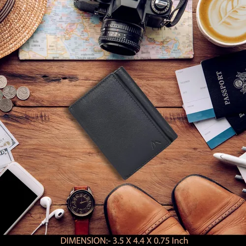 Vista 47 de Cartera de cuero RFID hecha a mano para hombres, elegante cartera de bolsillo frontal triple con 2 ranuras para identificación y 9 tarjetas, Azul