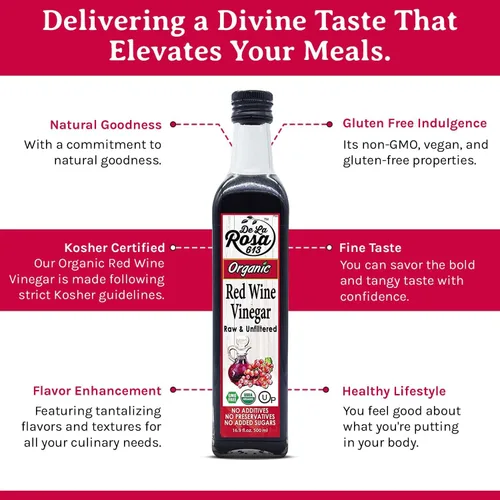Vista 5 de De La Rosa - Vinagre de vino tinto orgánico, crudo y sin filtrar, Kosher para Pascua, vegano, sin OMG y sin gluten, ideal para aderezos de ensalada