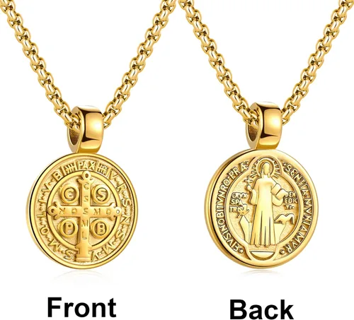 Vista 2 de FSYAEGZA Collar con colgante de medalla de exorcismo de San Benito para hombre, de acero inoxidable, colgante de cruz religiosa católica, colgante