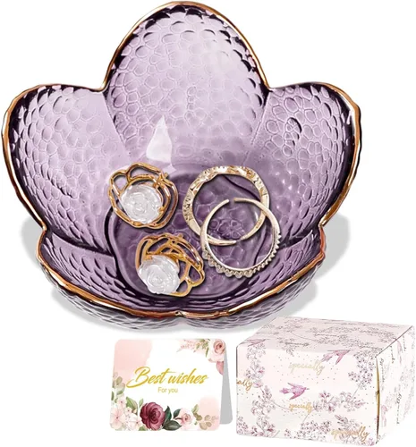 Vista 13 de Regalos para mujeres, plato para baratijas con flores, plato para joyería de vidrio rosa, soporte para anillos, bandeja de joyería, decoración