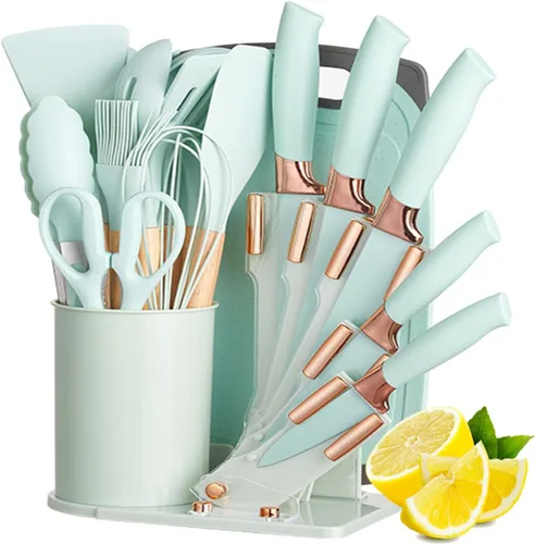 Vista 6 de Juego de utensilios de cocina y cuchillos de cocina de 19 piezas con bloque de soporte, incluye 11 utensilios de cocina de silicona, 5 cuchillos