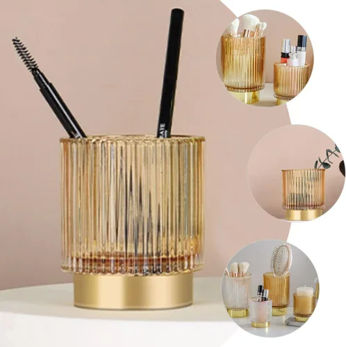 Vista 5 de Thickened Amber Glass Makeup Brush Holder Large Pen and Cosmetic Organizer for Vanity Desktop Storage