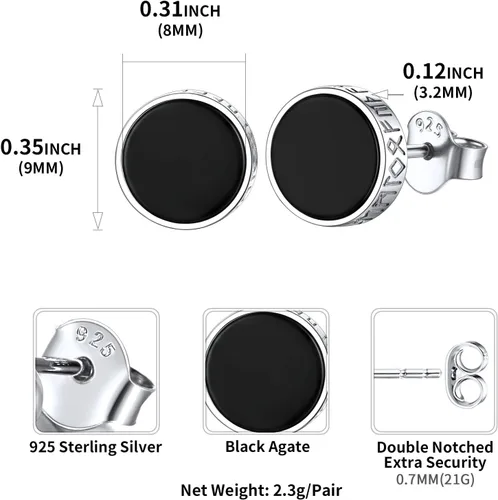 Vista 5 de ChicSilver Pendientes de tuerca de plata de ley 925 con runa vikinga de ónix negro natural para mujeres y hombres