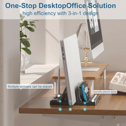 Vista 2 de Soporte vertical para laptop ajustable - Gestionador de escritorio de plástico ABS de ahorro de espacio 3 en 1 compatible con todos los MacBook Pro