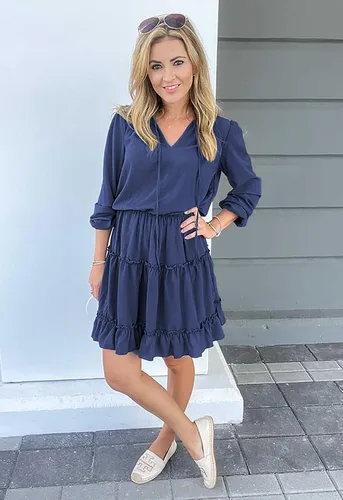 Vista 3 de BTFBM - Vestido casual de otoño para mujer con cuello en v, lazo, manga larga, cintura alta, con volantes, con puntos y niveles, acampanado