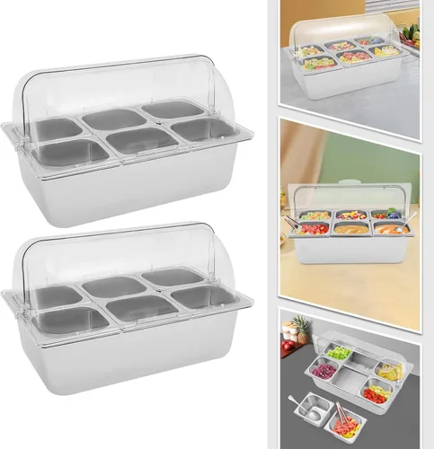 Vista 2 de Recipiente de exhibición de alimentos para encimera con tapa transparente, bandeja de servir de acero inoxidable, suministros de catering
