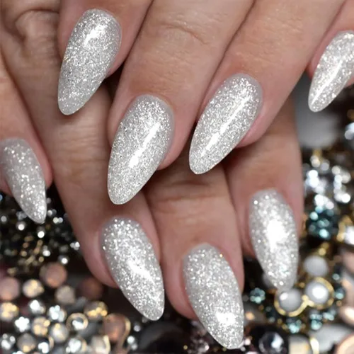 Vista 12 de Uñas postizas a presión cromadas de bronce y almendra mediana, uñas postizas de aguja con diseño brillante, uñas postizas acrílicas de metal
