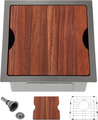 Vista 14 de SHACO Fregadero de barra empotrado de 15x15 pulgadas, fregadero de acero inoxidable de 15 pulgadas de un solo tazón hecho a mano de níquel cepillado
