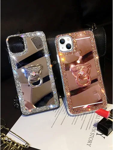 Vista 2 de LUVI Compatible con iPhone 15 Plus Mirror Bling Case con anillo, bonito soporte de diamantes de imitación con purpurina, agarre para los dedos