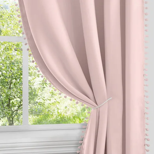 Vista 8 de HOMEIDEAS Cortinas opacas con pompones grises de 52 x 63 pulgadas de largo, con ojales, para oscurecer la habitación, 2 paneles para dormitorio
