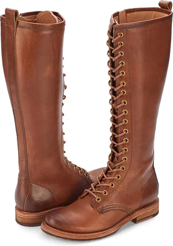Vista 6 de Frye Veronica Botas de combate altas de 15 pulgadas para mujer hechas de cuero de grano completo con construcción Goodyear Welt, cordones de tela