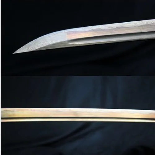 Vista 2 de Makoto Espada samurái Katana de Damasco afilada a mano con borde extremadamente afilado, piel de rayos real, Hamón real, hoja de acero de alto