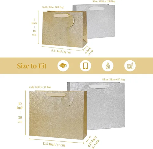 Vista 5 de PAPER FAIR 12 piezas surtidas de bolsas de regalo metálicas doradas plateadas con purpurina a granel con etiqueta, tamaño L 12.5' M 9