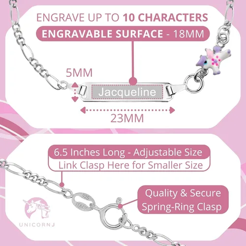 Vista 2 de UNICORNJ 925 Italy Sterling Silver Child or Baby Name Bracelet Girls Boys, Personalized Engraved Kids ID Bracelets, 6.5" Figaro Chain, Enamel Charm