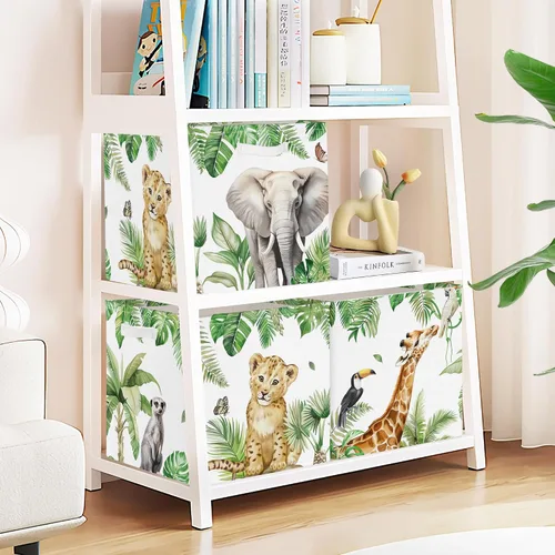 Vista 4 de Clastyle Juego de organizador de animales de la selva para niños, diseño de hojas tropicales, palmeras, jirafa, armario, ropa, cubo
