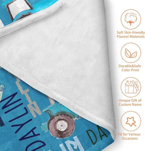 Vista 5 de Manta personalizada de tractores, nombre personalizado con diseño de camiones de tractor agrícola, manta de cama de franela de felpa suave