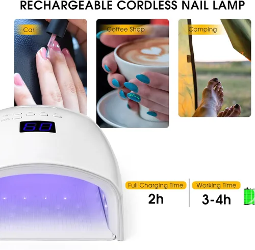 Vista 5 de Lámpara de uñas profesional recargable UV/LED de 48 W, secador de uñas de gel inalámbrico con sensor automático y pantalla digital, 4 ajustes