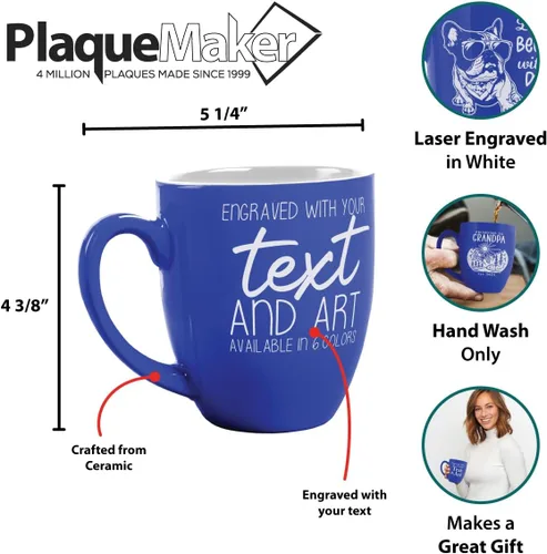 Vista 2 de PlaqueMaker Taza de café Bistro de cerámica personalizada, texto grabado con láser, 16 onzas (azul)