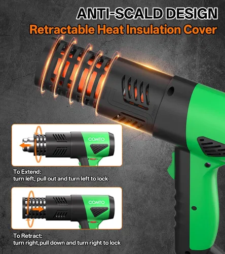 Vista 4 de Pistola de calor de 1800 W, calentamiento rápido, 122℉-1202℉, pistola de aire caliente resistente, control de temperatura variable, protección