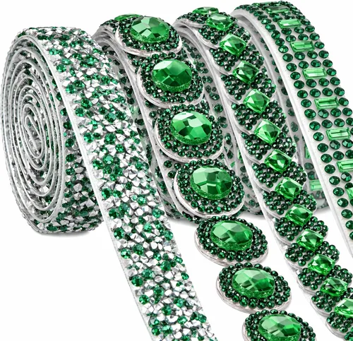 Vista 10 de Juexica Cintas autoadhesivas de diamantes de imitación de 4 yardas, 4 estilos de rollo de diamantes de imitación, cinta brillante con purpurina