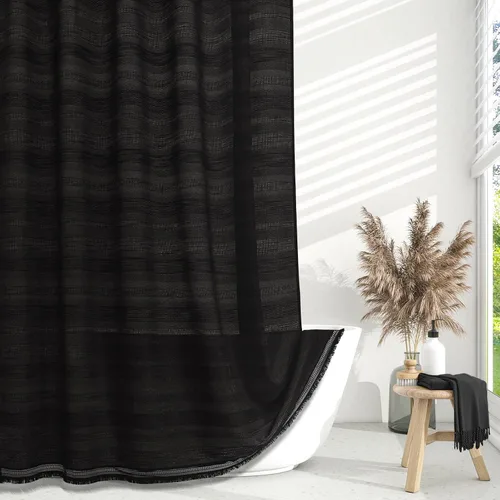 Vista 13 de Cortina de Ducha Pequeña para Cabina Estilo Boho Granja con Borla, Conjunto de Cortina de Ducha de Baño de Lino Bohemio Francés Rústico Elegante
