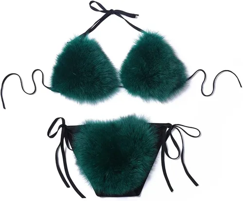 Vista 27 de ZOSCGJMY Conjunto de bikini de dos piezas de piel sintética para mujer Beige
