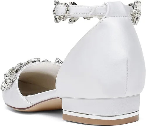 Vista 3 de Zapatos planos de satén puntiagudo para mujer, cómodos diamantes de imitación, correas de tobillo, zapatos de tacón para novia, zapatos de fiesta