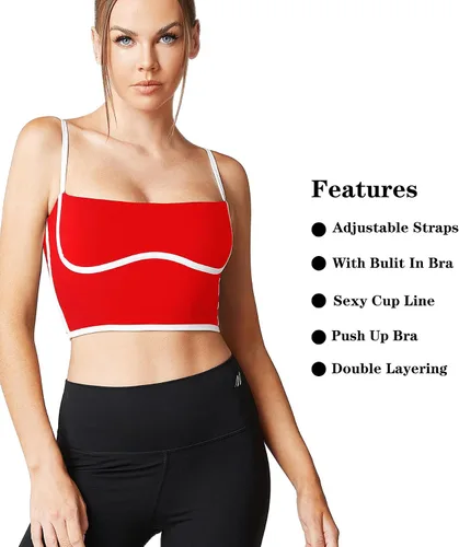 Vista 4 de Move With You Sujetador deportivo sin mangas con tirantes delgados, acolchado, cuello cuadrado, doble capa, entrenamiento, fitness, básico, crop tops