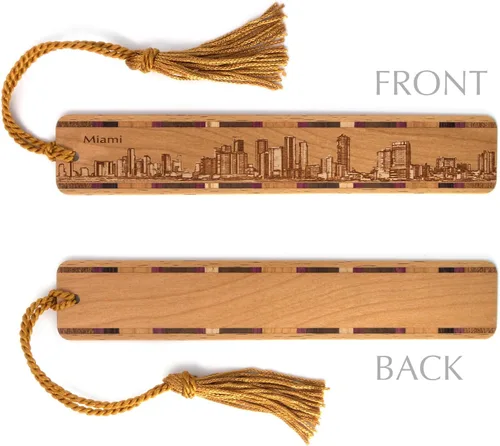 Vista 2 de Miami Florida City Skyline - Marcapáginas de madera grabado con borla, fabricado en Estados Unidos