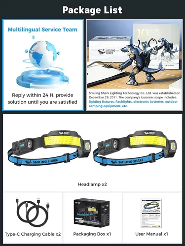 Vista 7 de Smiling Shark Linterna frontal TS-4, foco doble con reflector 4X y linterna LED estroboscópica recargable, 2400 mAh, diseño manos libres de larga