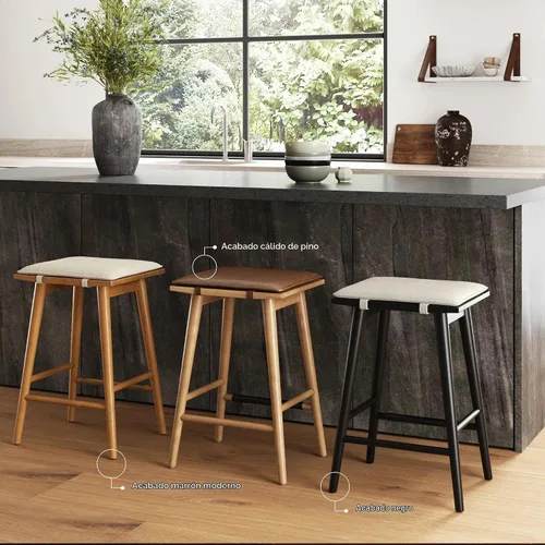Vista 8 de Nathan James Barker Taburete de bar de altura de mostrador de madera maciza con cojín tapizado, taburete de isla sin respaldo con patas de madera